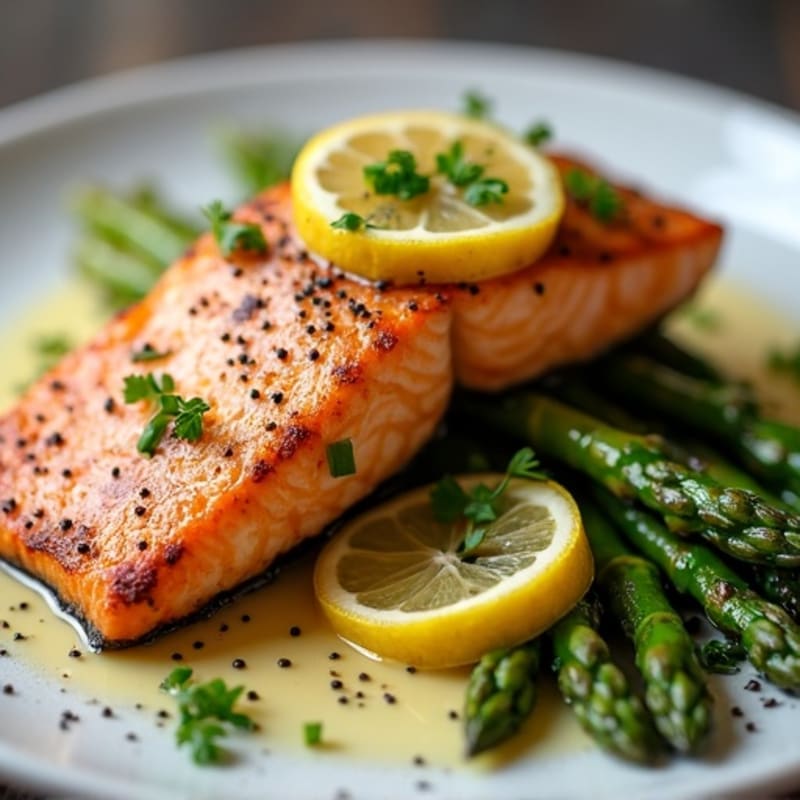 Crispy Pan-Seared Salmon with Roasted Lemon Asparagus