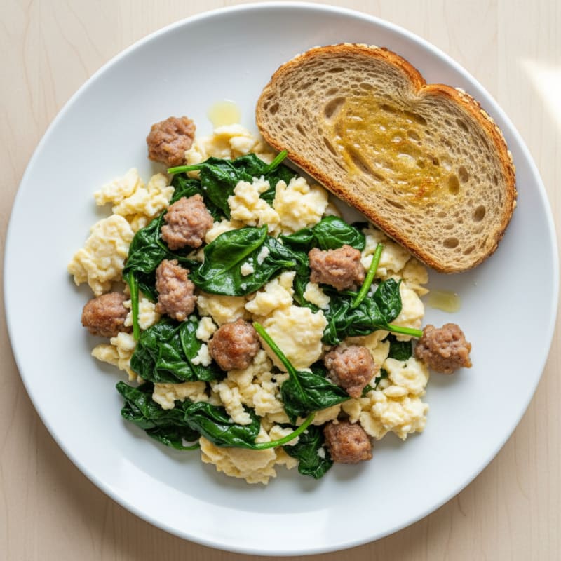 Egg White Scramble with Turkey Sausage and Sautéed Spinach