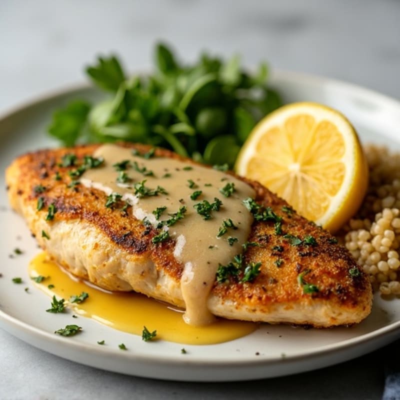 Herb-Crusted Pan Seared Chicken with Lemon Garlic Sauce
