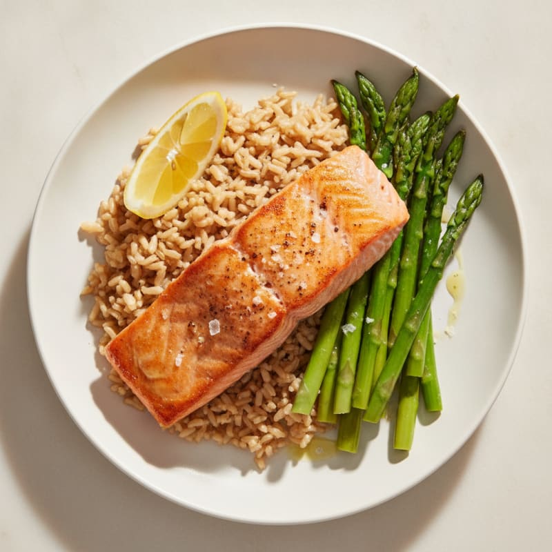 Seared Salmon with Steamed Asparagus and Brown Rice