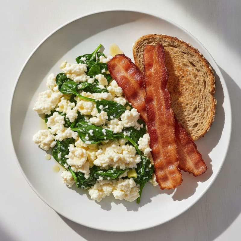 Cottage Cheese Scramble with Spinach and Turkey Bacon