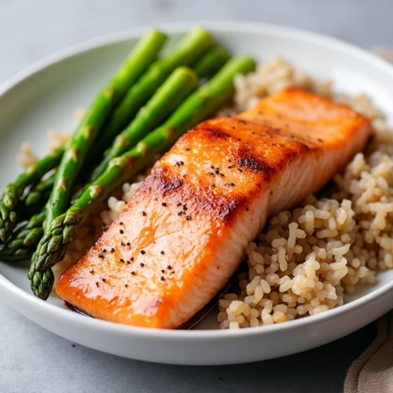 Seared Salmon Fillet with Steamed Asparagus and Brown Rice