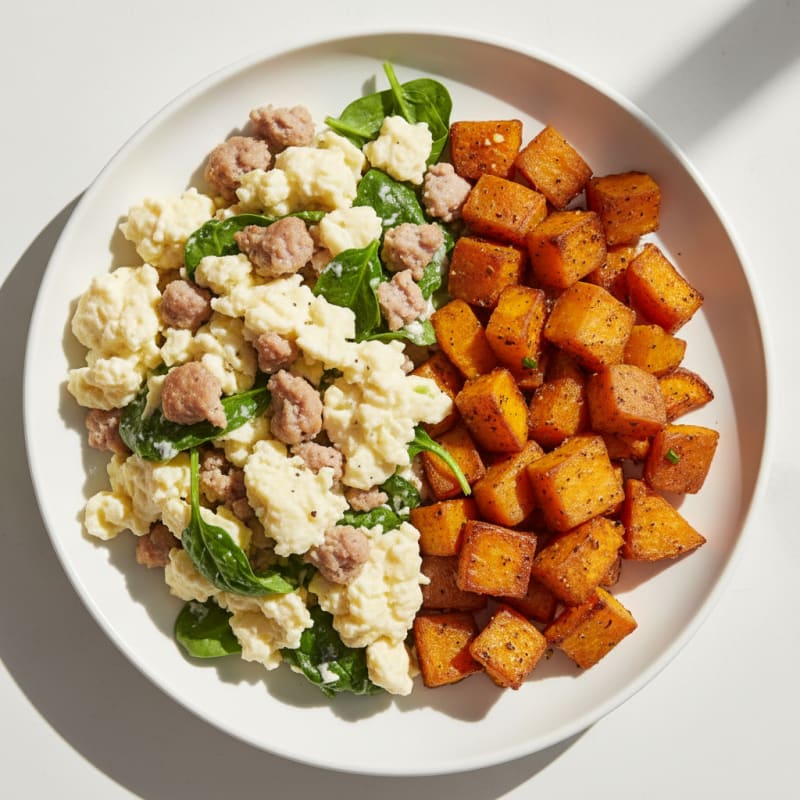Egg White and Turkey Sausage Scramble with Roasted Sweet Potatoes