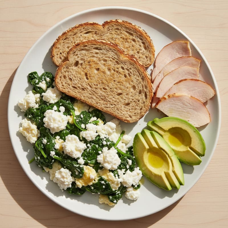 Egg White and Spinach Scramble with Cottage Cheese and Sliced Turkey