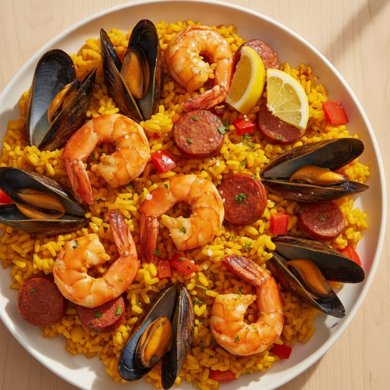 Saffron Seafood Paella with Chorizo