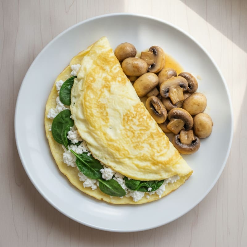 Egg White Spinach Omelet with Cottage Cheese and Sautéed Mushrooms