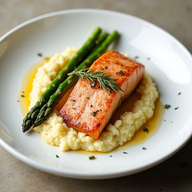 Seared Salmon with Roasted Asparagus and Cauliflower Mash