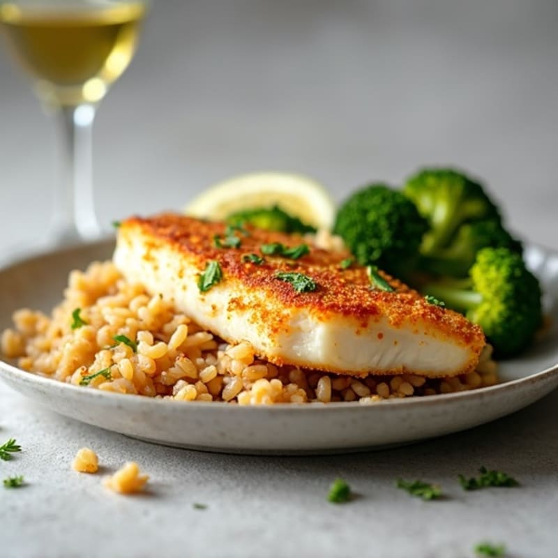 Crispy Baked Cod with Roasted Broccoli and Brown Rice