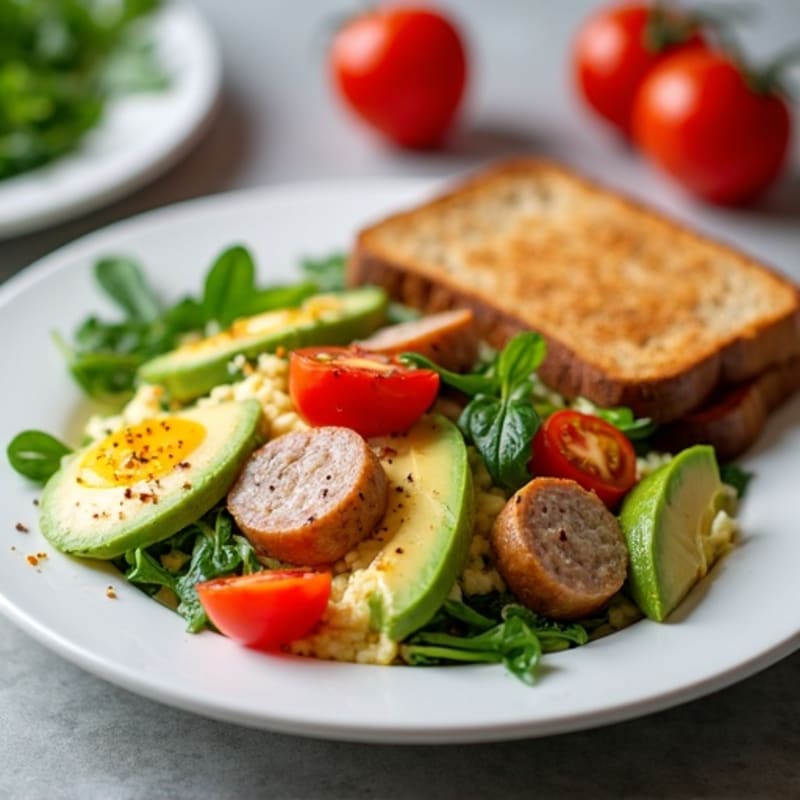 Egg White and Turkey Sausage Scramble with Spinach, Cherry Tomatoes, Toast & Avocado