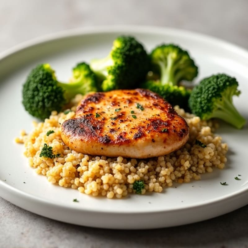 Seared Chicken Thighs with Roasted Broccoli and Quinoa