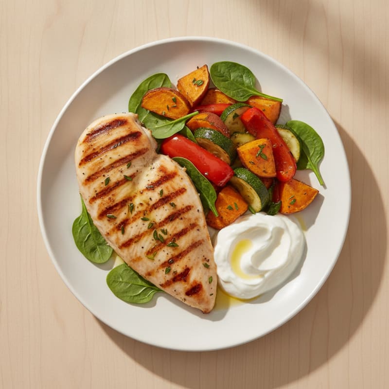 Grilled Chicken Breast with Roasted Sweet Potato and Bell Pepper