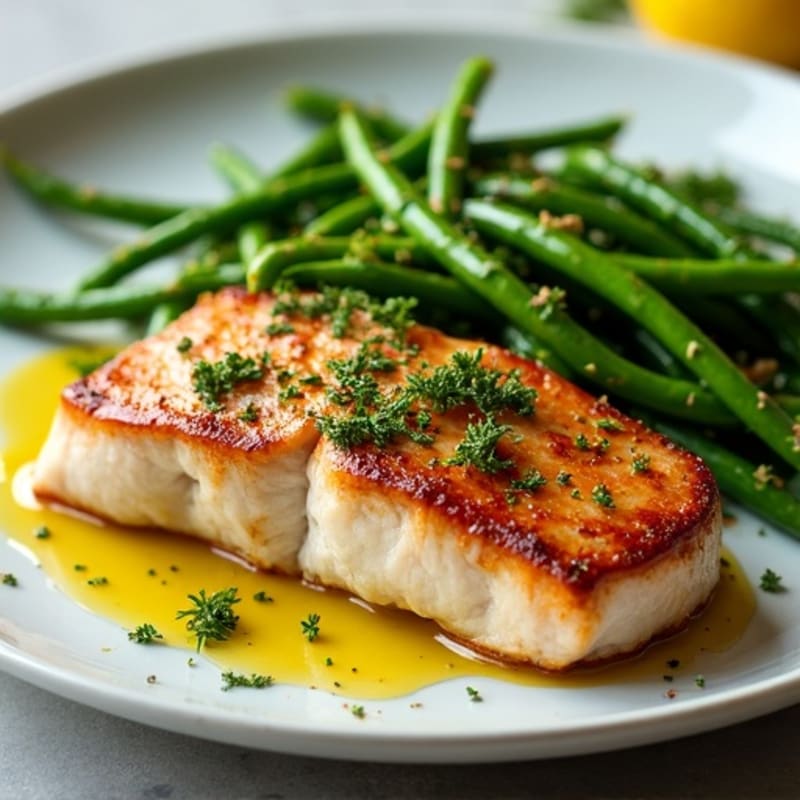 Pan-Seared Tuna Steak with Crispy Roasted Green Beans and Zesty Lemon-Herb Dressing