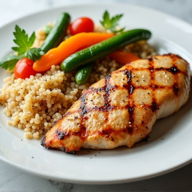 Grilled Chicken Breast with Steamed Mixed Vegetables and Quinoa