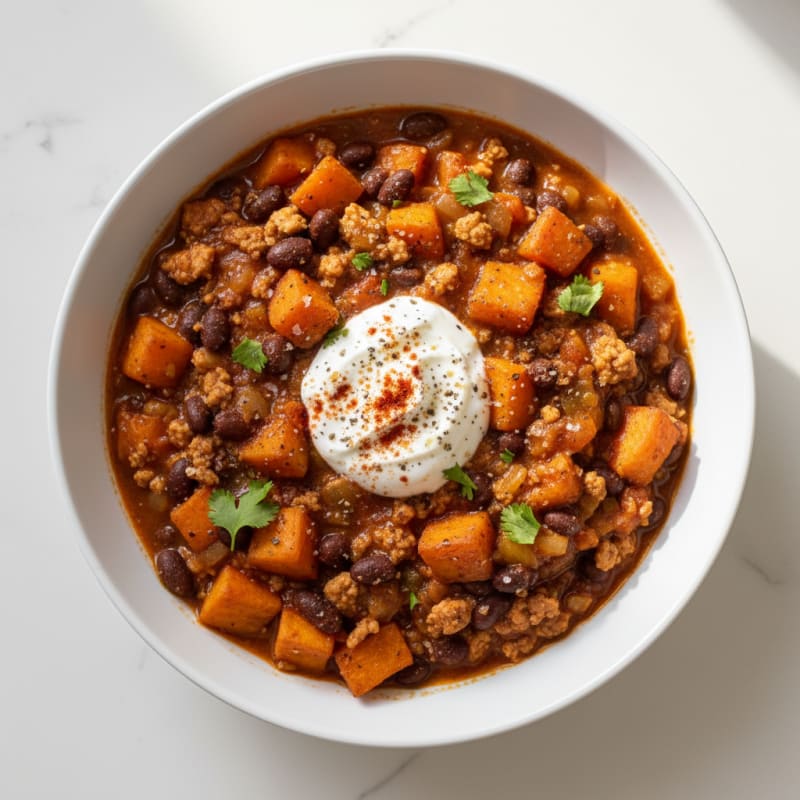 Roasted Sweet Potato and Black Bean Turkey Chili