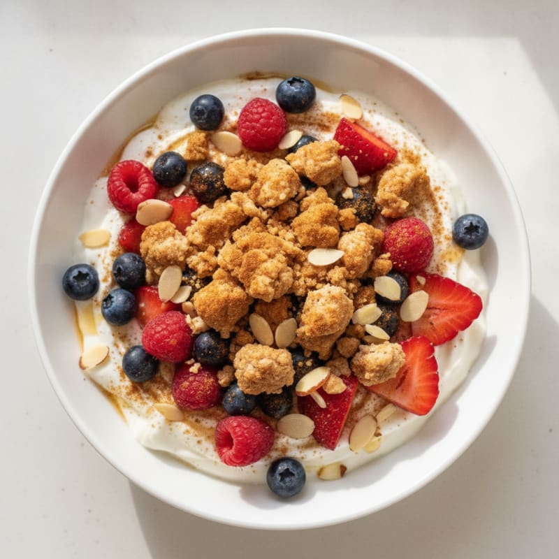 Creamy Greek Yogurt Protein Bowl with Mixed Berries and Ground Turkey Crumble