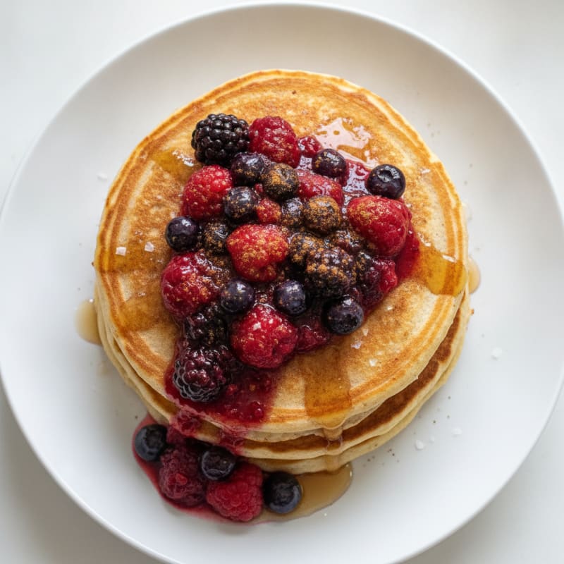 Fluffy High-Protein Buttermilk-Style Pancakes with Berry Compote