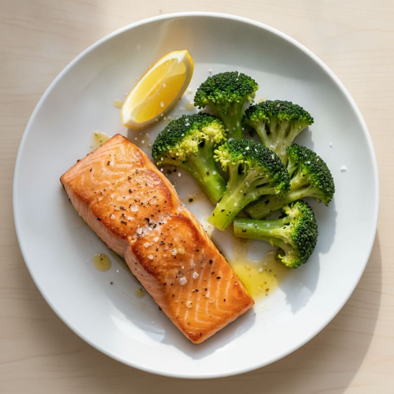 Seared Salmon with Steamed Broccoli and Lemon