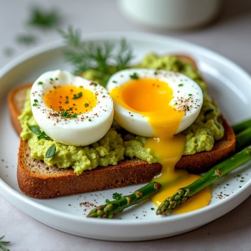 Soft-Boiled Eggs with Crispy Whole Grain Toast, Creamy Avocado, and Herb-Roasted Asparagus