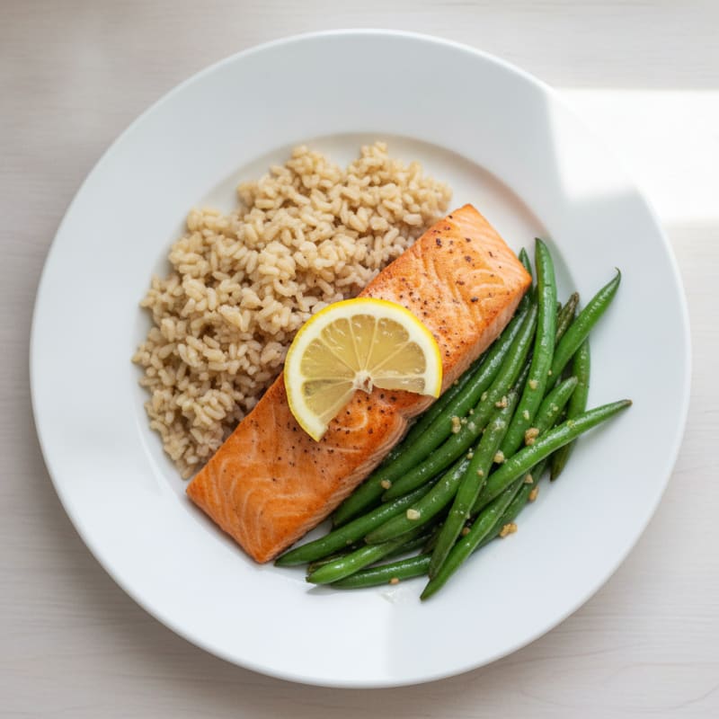 Seared Salmon with Garlic Green Beans and Brown Rice