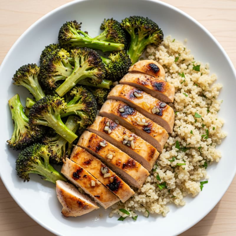 Grilled Lemon-Garlic Chicken Breast with Roasted Broccoli and Quinoa