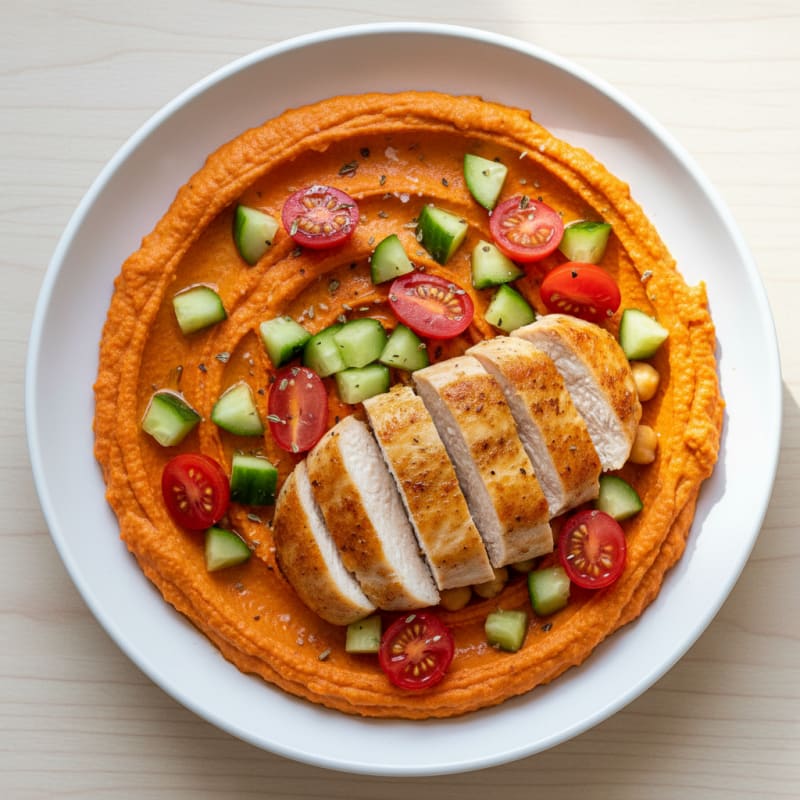 Creamy Roasted Red Pepper Hummus Bowl with Sautéed Chicken