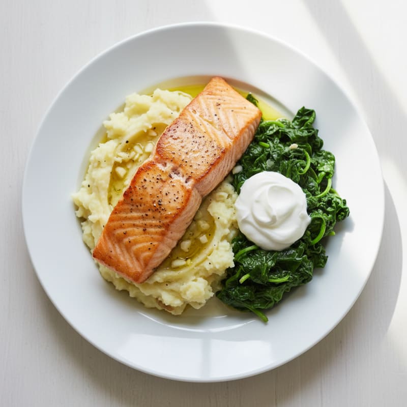 Seared Salmon with Creamy Spinach and Garlic Mashed Potatoes