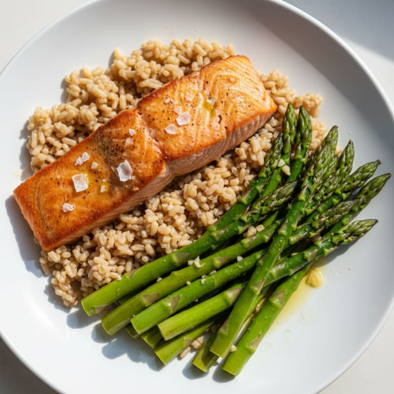 Seared Salmon with Steamed Asparagus and Brown Rice