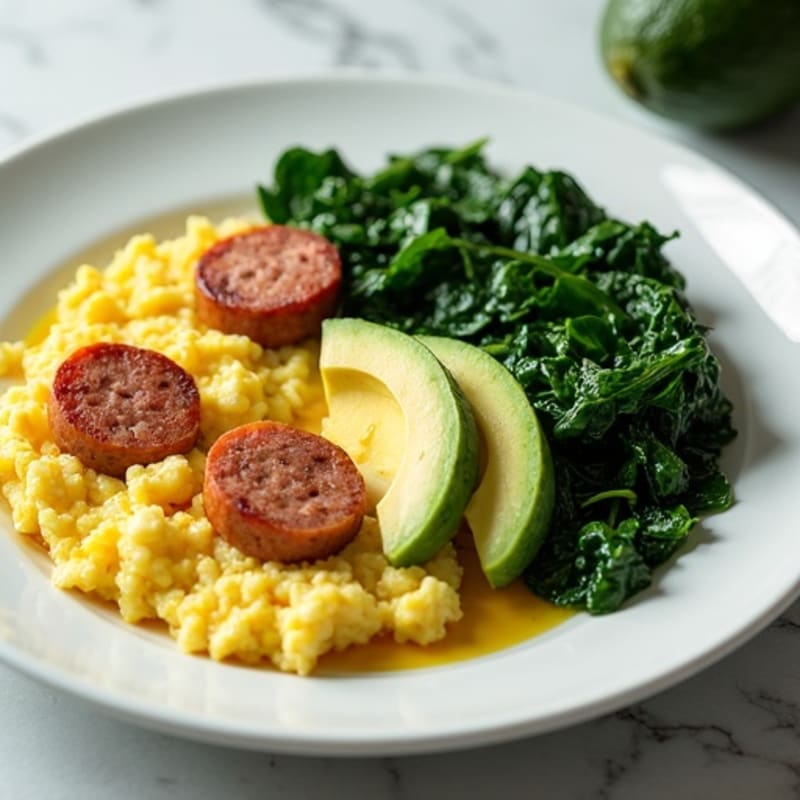 Egg White Scramble with Turkey Sausage and Sautéed Spinach