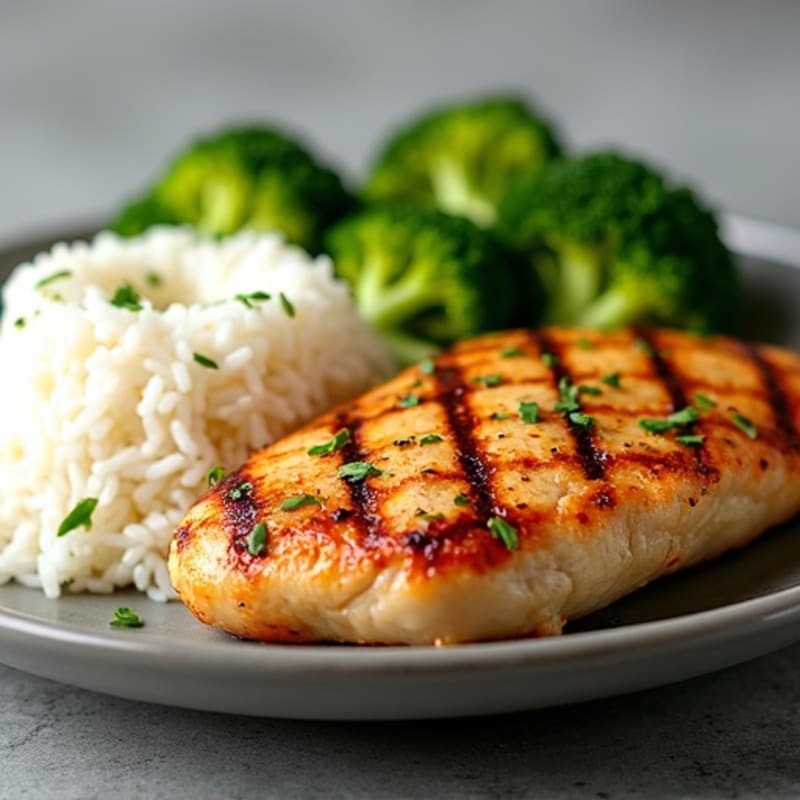 Grilled Chicken Breast with Steamed Rice and Broccoli