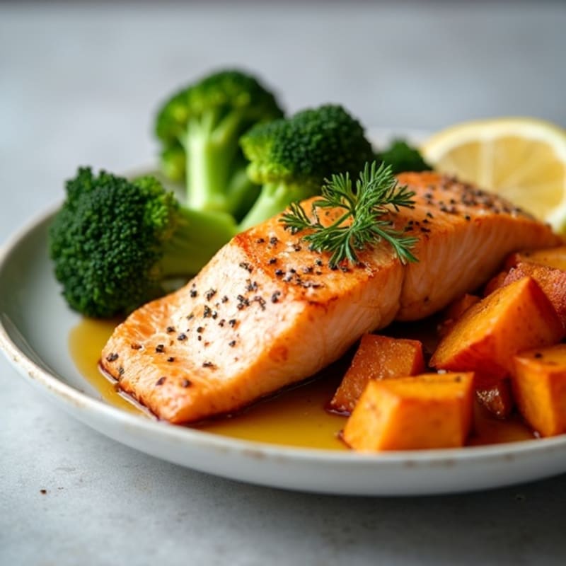 Seared Salmon with Steamed Broccoli and Roasted Sweet Potato