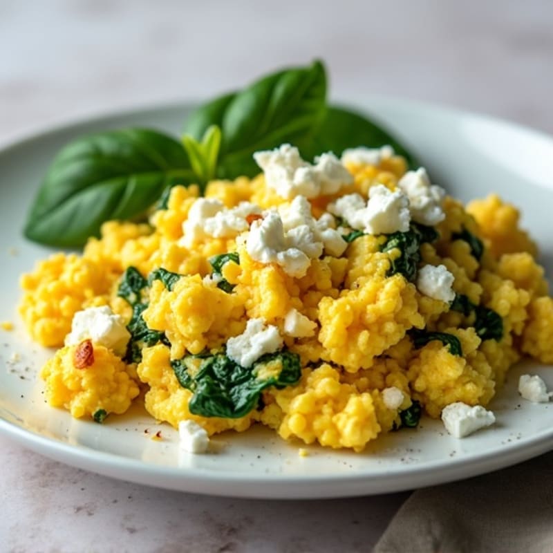 Fluffy Egg Scramble with Fresh Spinach and Crumbled Feta