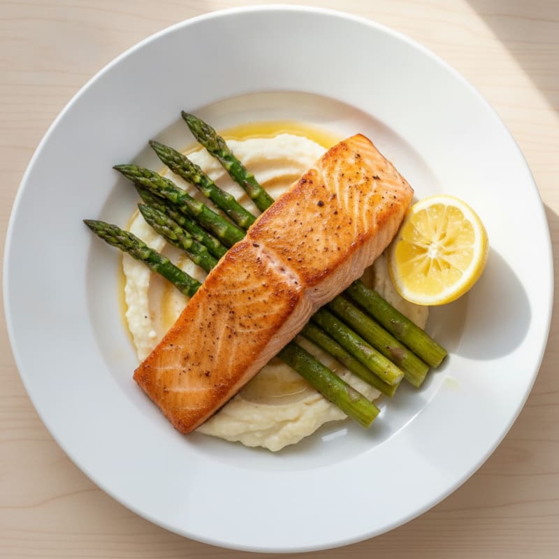 Seared Salmon with Roasted Asparagus and Cauliflower Mash