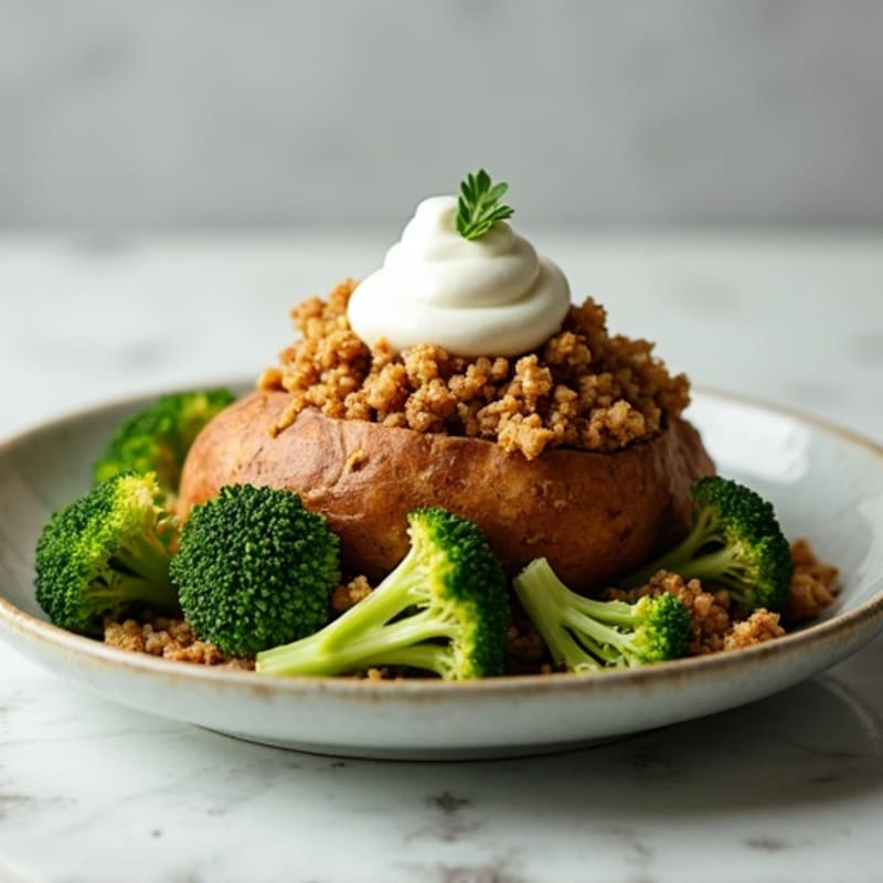 Crispy Baked Potato with Savory Ground Turkey, Steamed Broccoli, and Creamy Greek Yogurt
