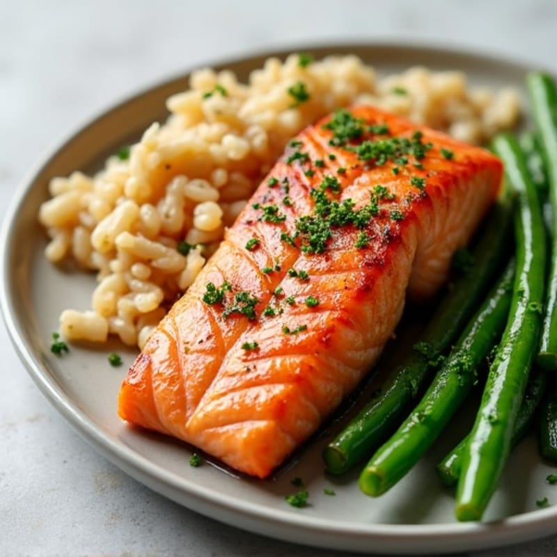 Seared Salmon with Garlic Green Beans and Brown Rice