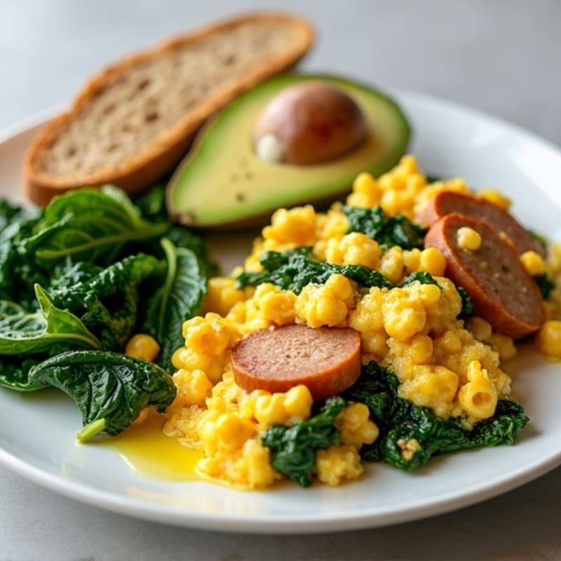 Egg White and Turkey Sausage Scramble with Sautéed Spinach