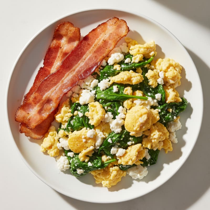 Cottage Cheese Egg Scramble with Spinach and Turkey Bacon