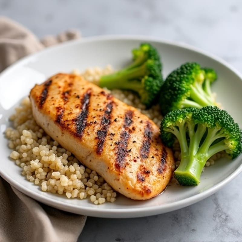 Grilled Chicken Breast with Steamed Broccoli and Quinoa