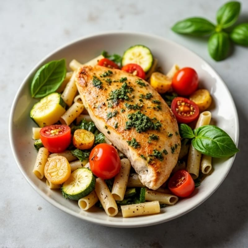 Healthy Pesto Chicken Pasta with Roasted Vegetables