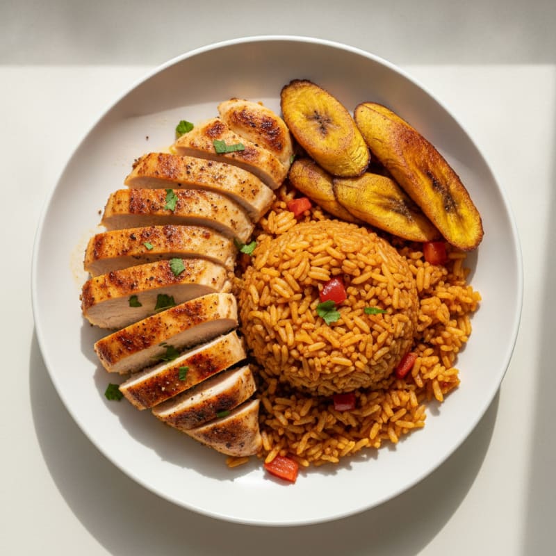 Spiced Chicken with Jollof Rice and Plantains