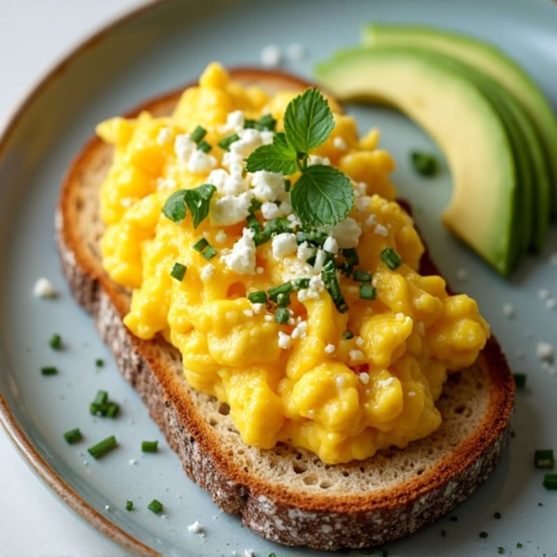 Scrambled Eggs with Creamy Avocado and Fresh Herbs on Crispy Sourdough Toast