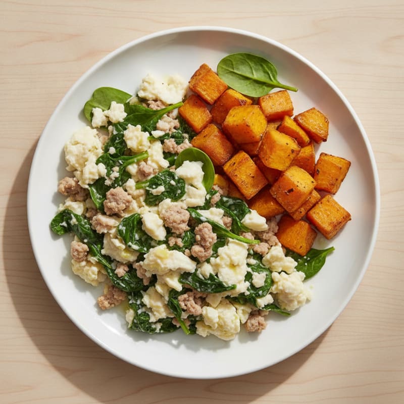 Egg White and Turkey Spinach Scramble with Roasted Sweet Potato