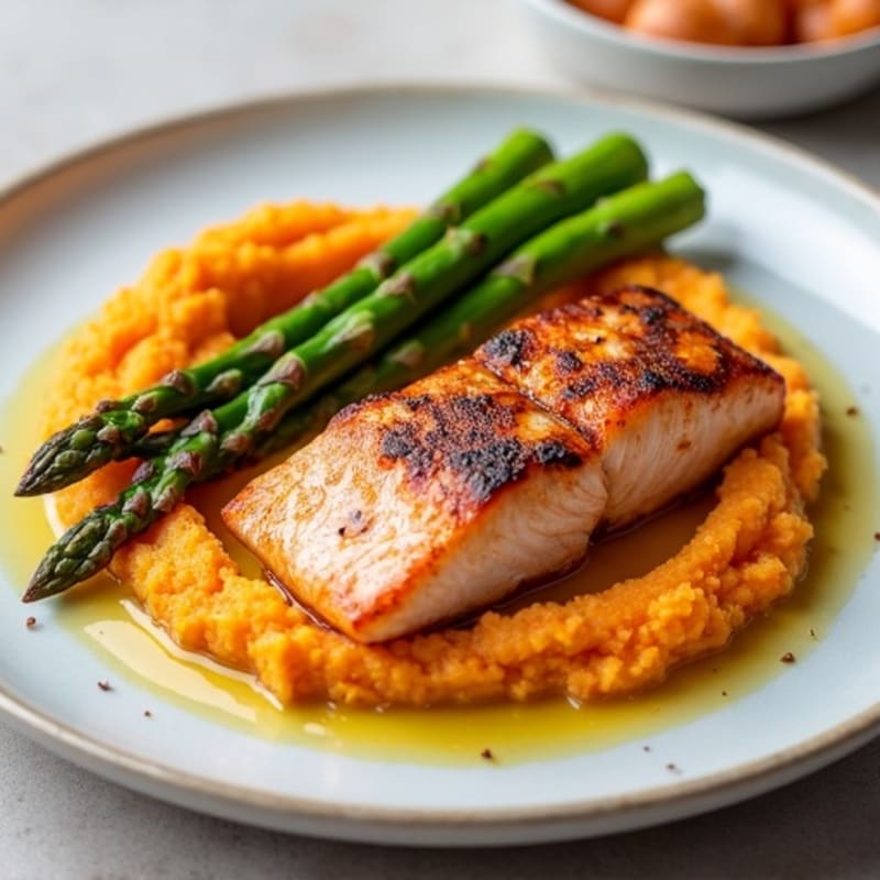 Seared Salmon with Roasted Asparagus and Sweet Potato Mash
