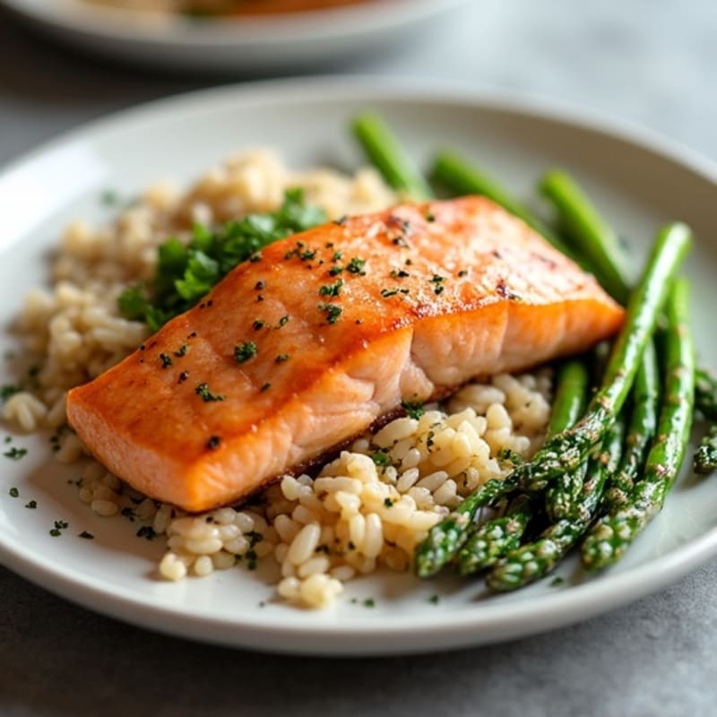 Seared Salmon with Steamed Asparagus and Brown Rice