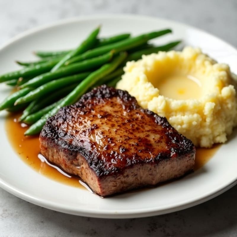 Seared Steak with Mashed Potatoes and Green Beans