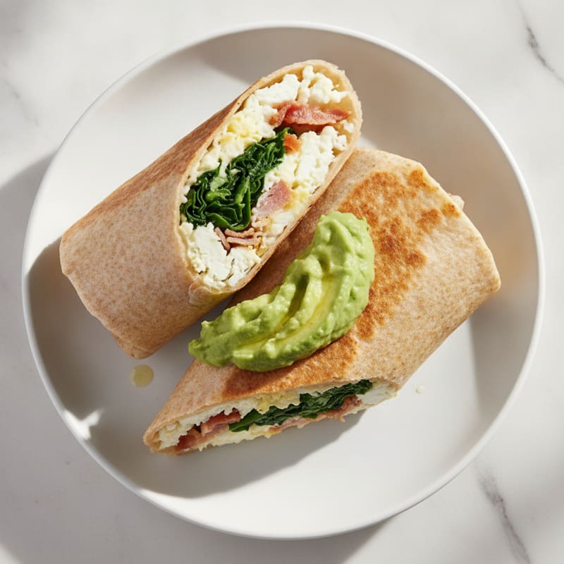 Crispy Turkey Bacon and Egg White Breakfast Burrito with Sautéed Spinach