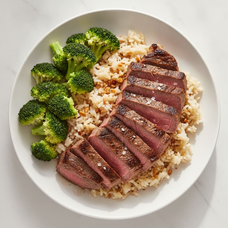 Seared Steak with Garlic Rice and Steamed Broccoli