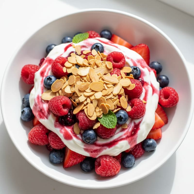 Greek Yogurt Protein Parfait with Mixed Berries and Almonds