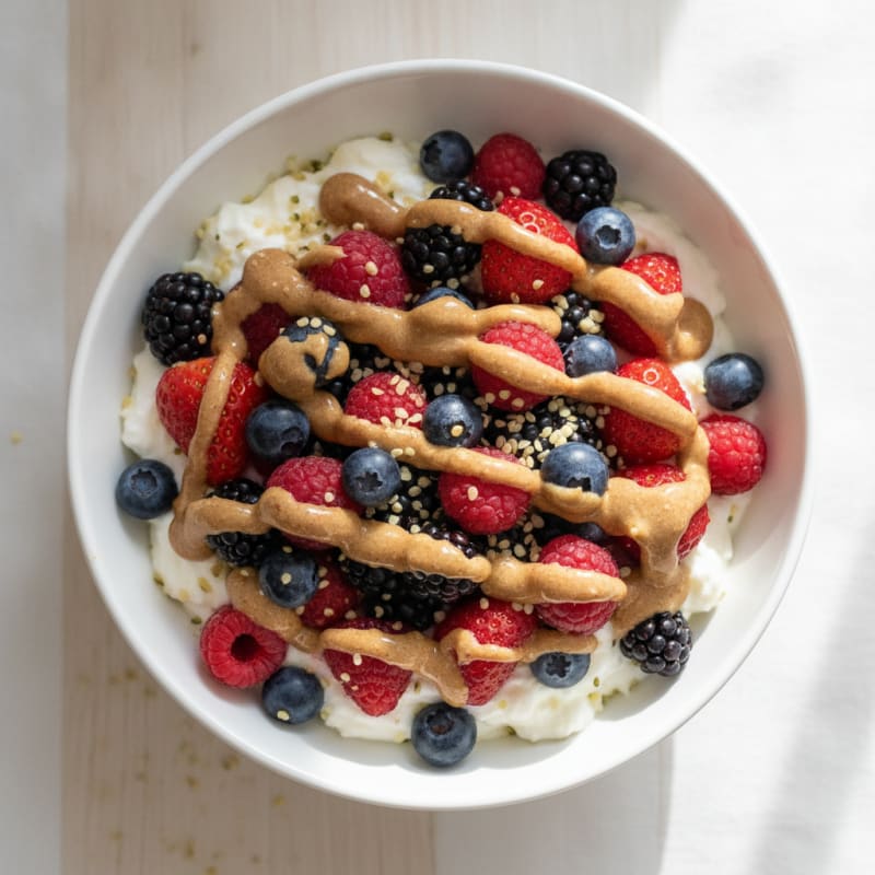 Greek Yogurt Protein Parfait with Mixed Berries and Almond Butter
