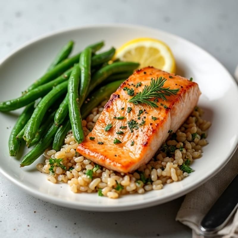 Seared Salmon with Steamed Green Beans and Herbed Brown Rice