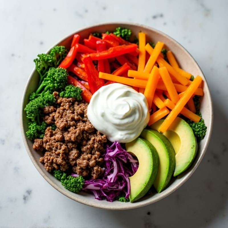 Lean Ground Beef and Crispy Greens Bowl with Creamy Tangy Dressing